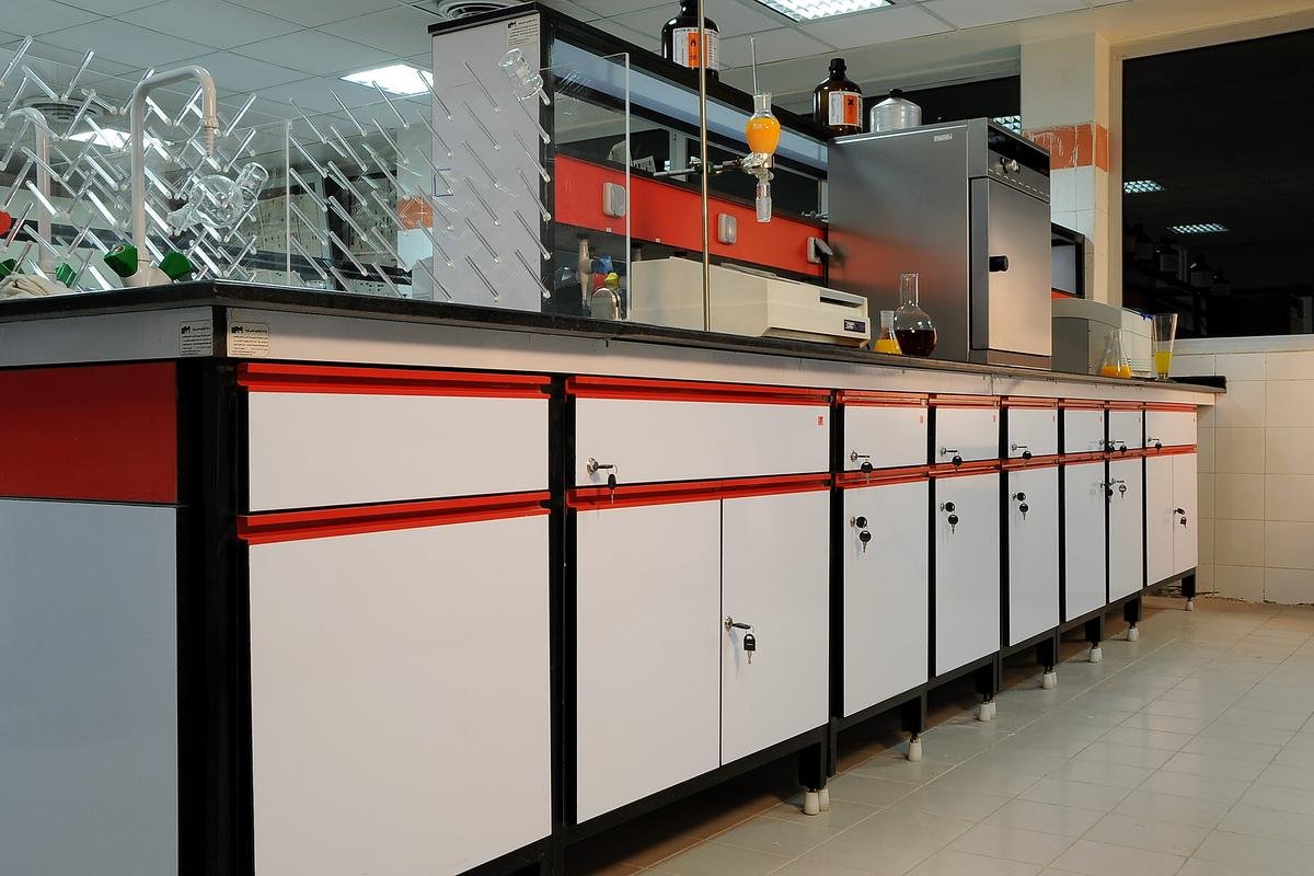Long laboratory bench run with overhead shelving and chemical storage cabinets built by Scientora Systems