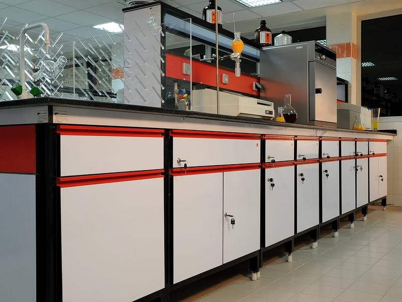 Laboratory bench run with white cabinets, black epoxy worktop and overhead reagent shelving by Scientora Systems